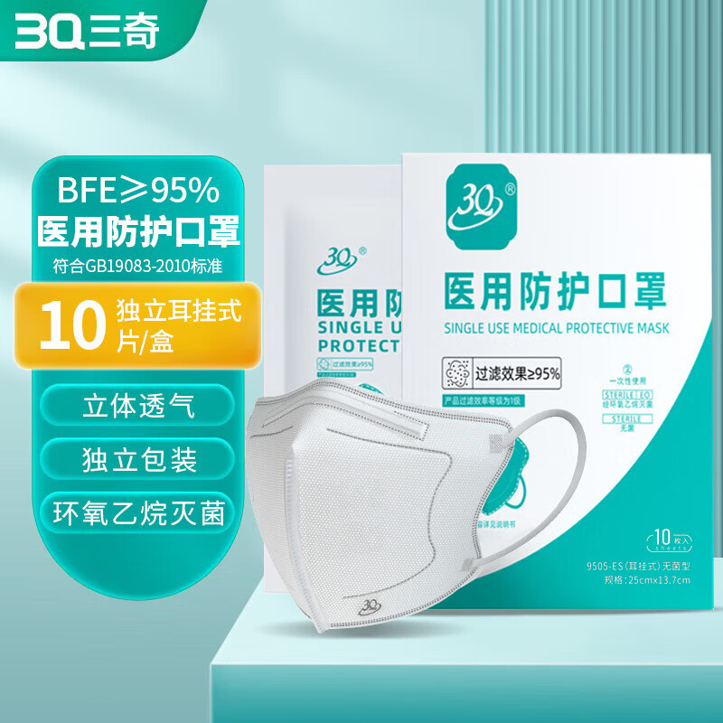 医用防护口罩耳挂无菌口罩 10片/盒 独立包装 25*13.7