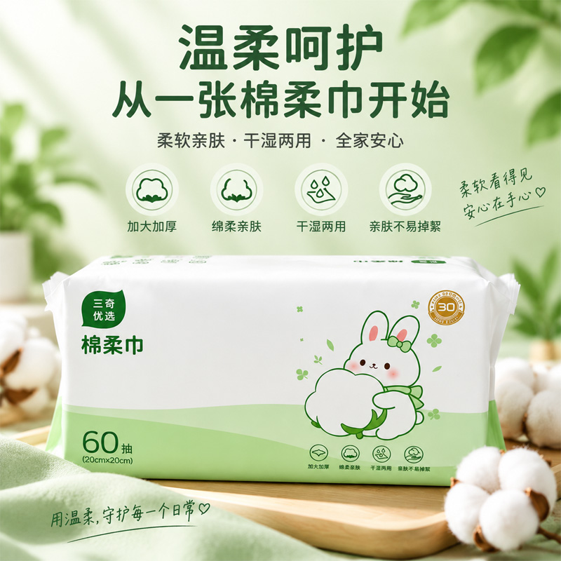 三奇优选棉柔巾 加大加厚植物纤维60张抽取式