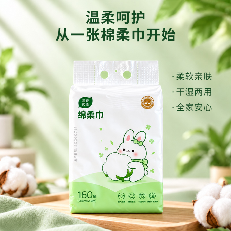 三奇优选棉柔巾 加大加厚植物纤维160张下抽式